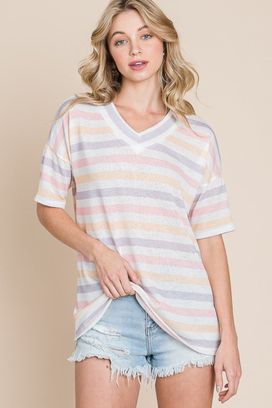 BOMBOM Striped V-Neck Short Sleeve T-Shirt - TopFashionHQ