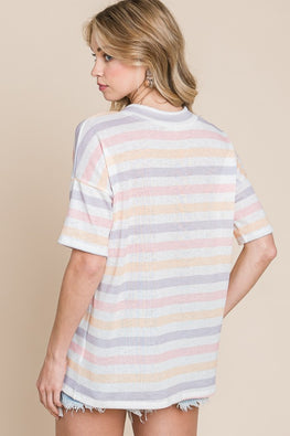 BOMBOM Striped V-Neck Short Sleeve T-Shirt - TopFashionHQ