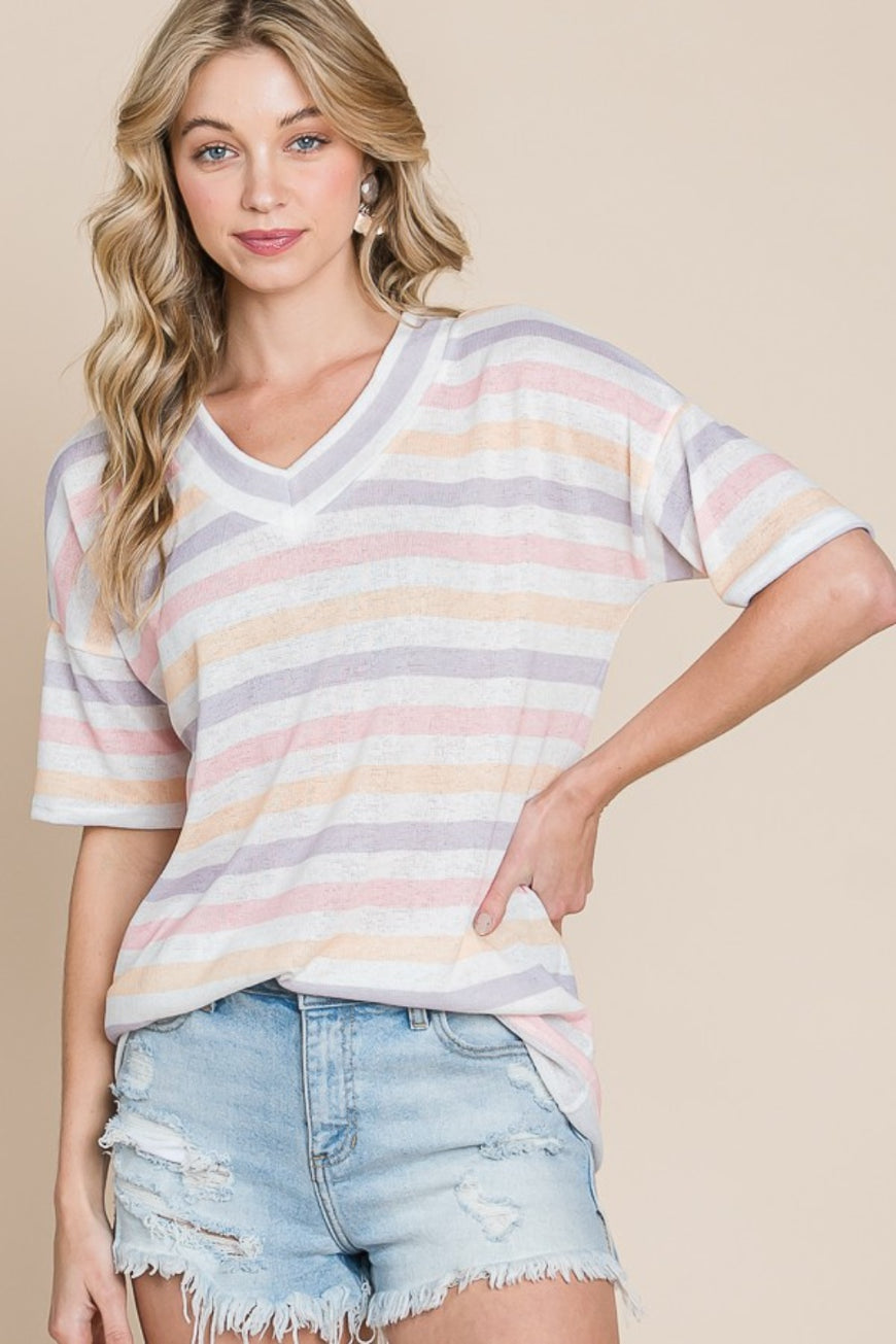 BOMBOM Striped V-Neck Short Sleeve T-Shirt - TopFashionHQ