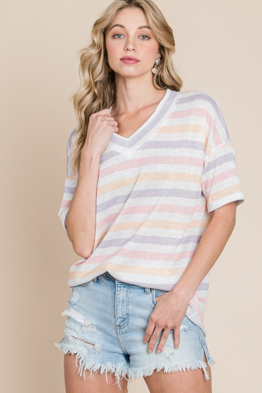 BOMBOM Striped V-Neck Short Sleeve T-Shirt - TopFashionHQ