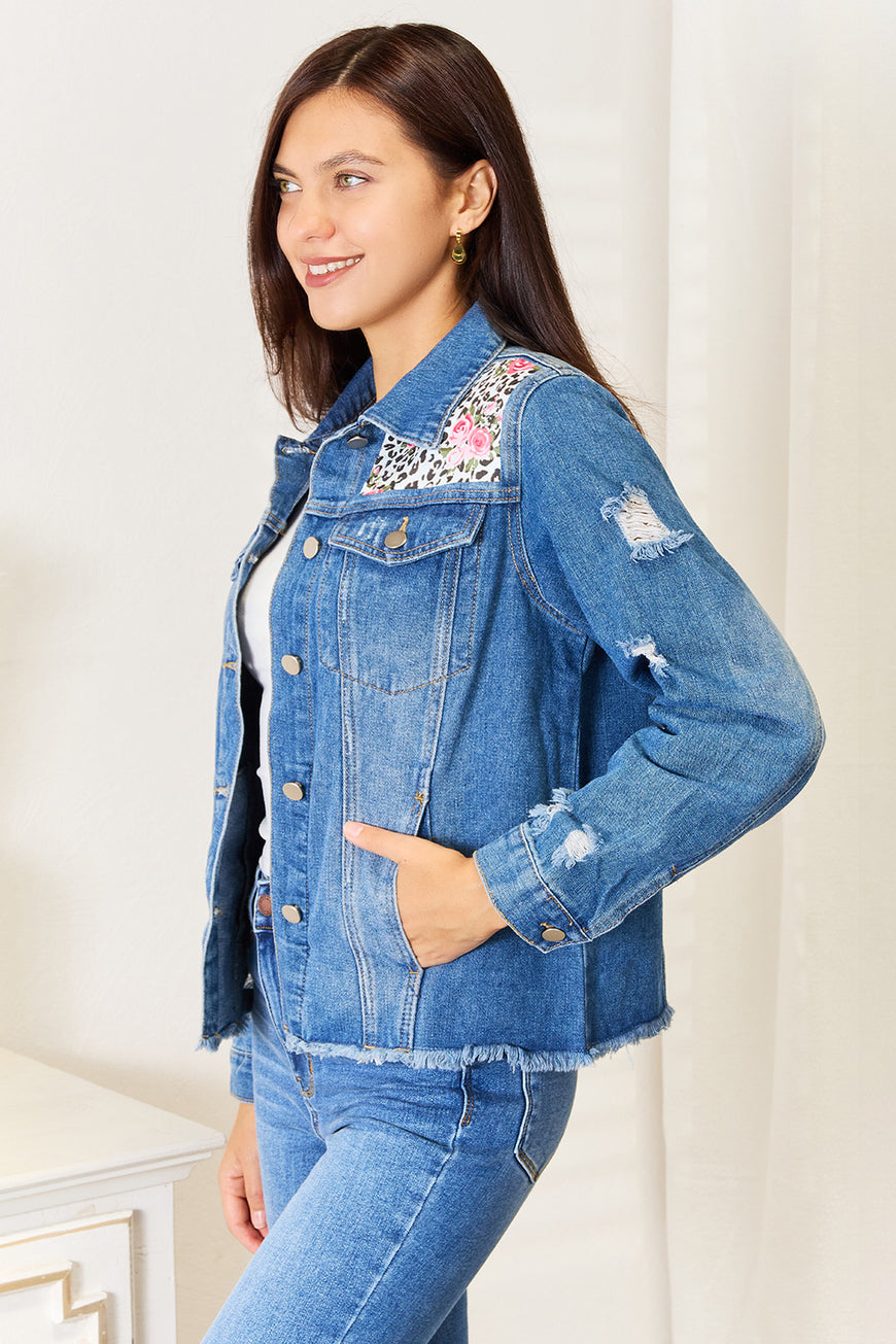 Baeful Leopard Floral Distressed Raw Hem Denim Jacket - TopFashionHQ