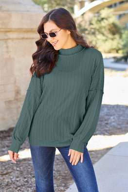 Basic Bae Full Size Ribbed Exposed Seam Mock Neck Knit Top - TopFashionHQ