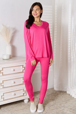 Basic Bae Full Size V-Neck Soft Rayon Long Sleeve Top and Pants Lounge Set - TopFashionHQ