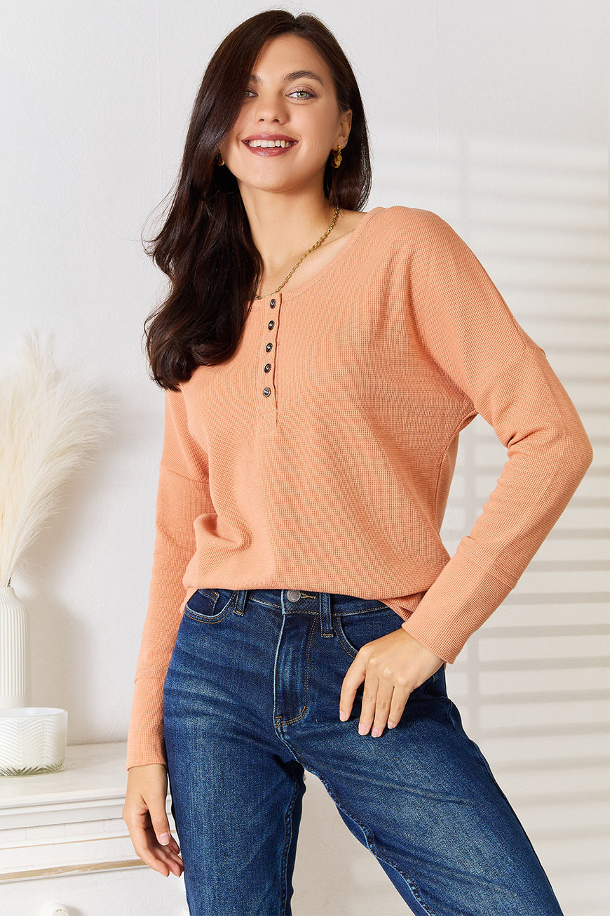 Basic Bae Half Button Long Sleeve Top - TopFashionHQ