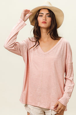 BiBi Exposed Seam V-Neck Long Sleeve T-Shirt - TopFashionHQ