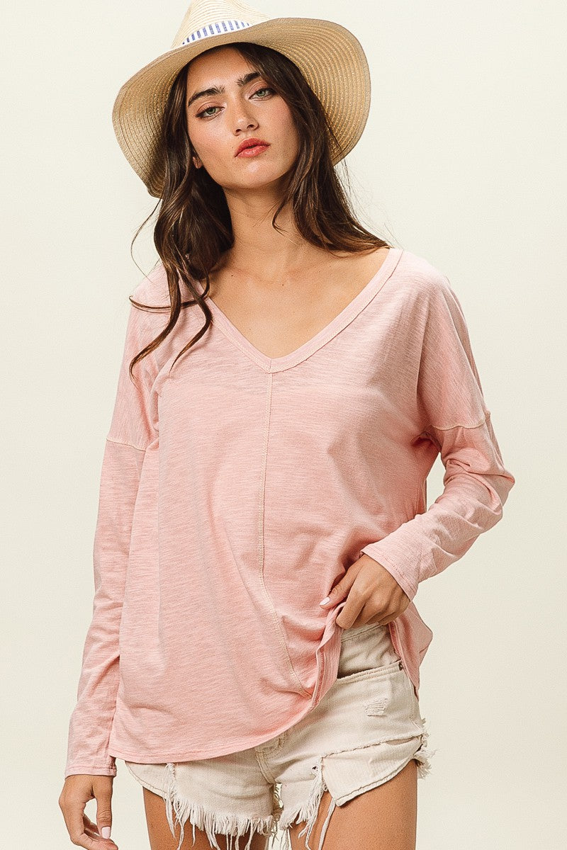 BiBi Exposed Seam V-Neck Long Sleeve T-Shirt - TopFashionHQ