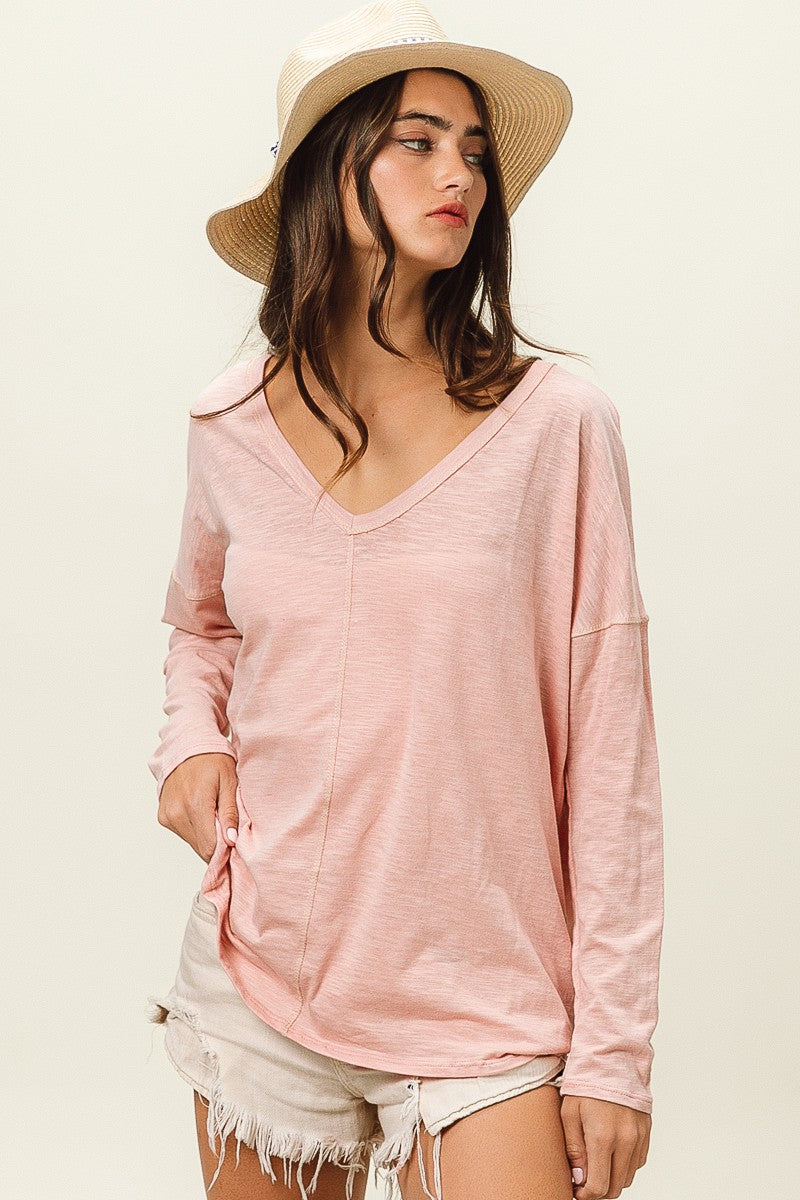 BiBi Exposed Seam V-Neck Long Sleeve T-Shirt - TopFashionHQ