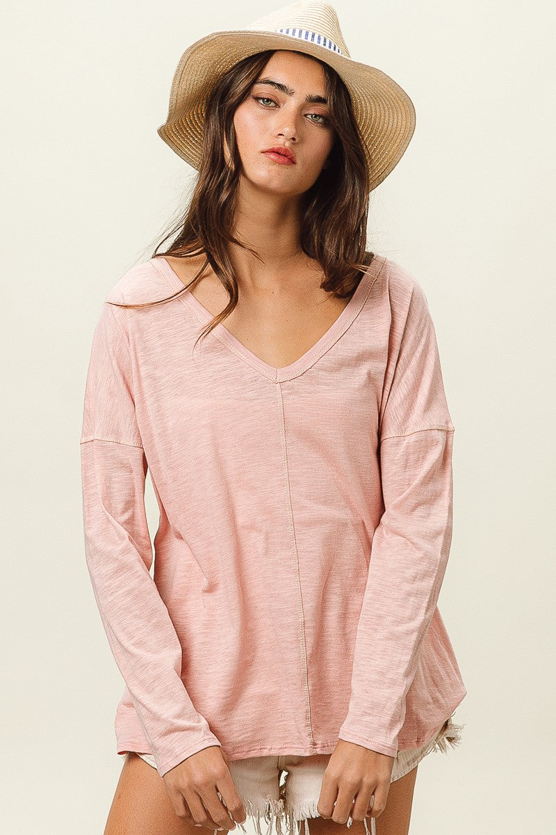 BiBi Exposed Seam V-Neck Long Sleeve T-Shirt - TopFashionHQ