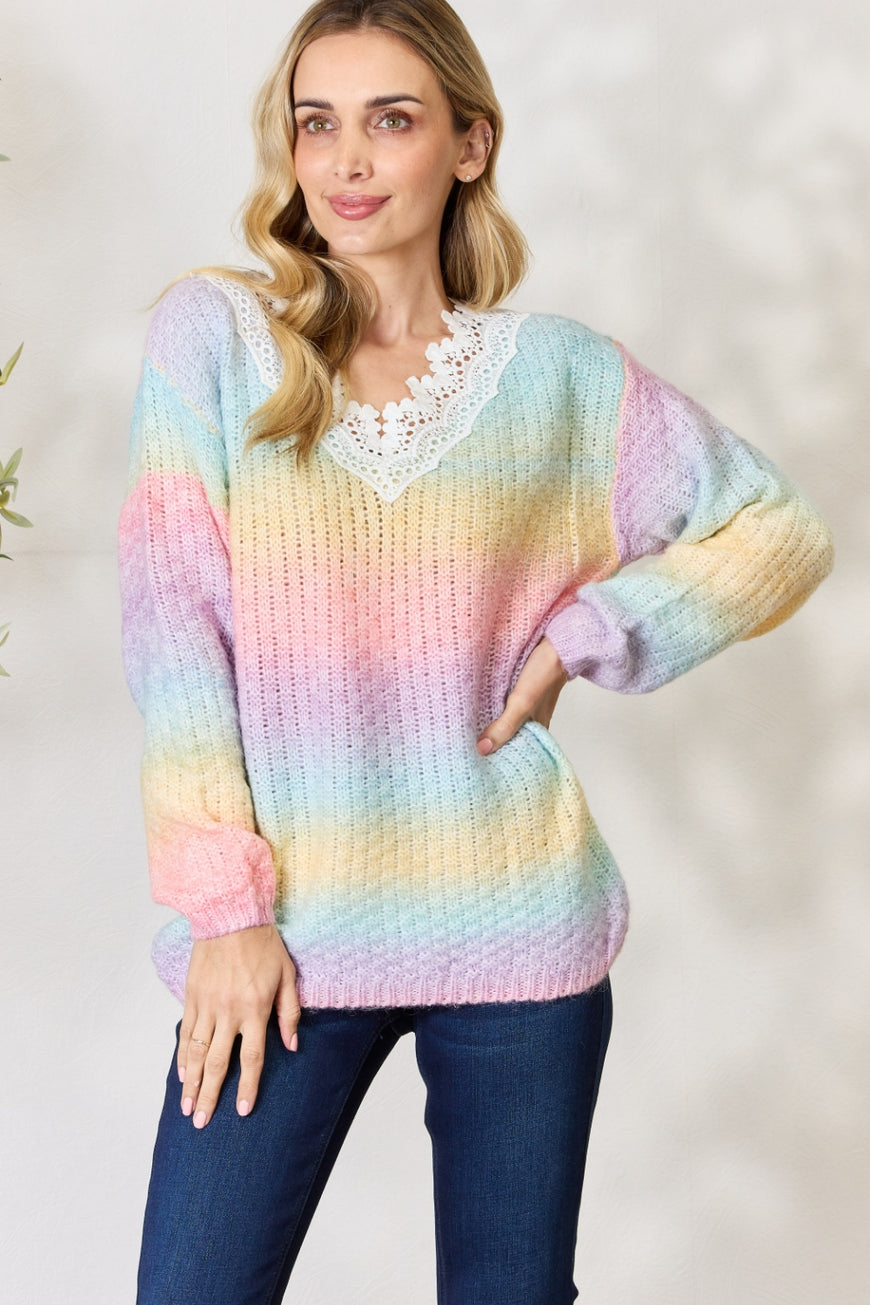 BiBi Rainbow Gradient Crochet Deetail Sweater - TopFashionHQ