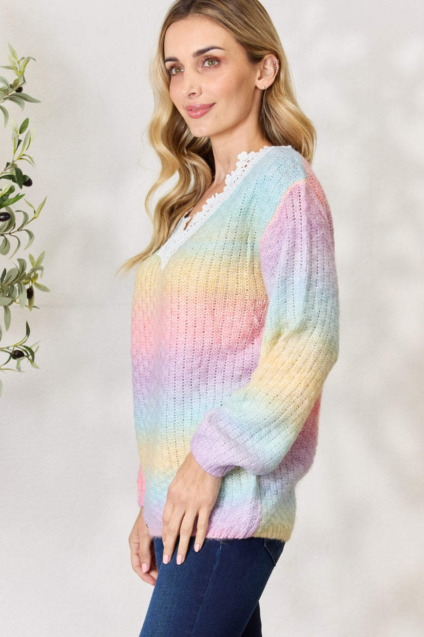 BiBi Rainbow Gradient Crochet Deetail Sweater - TopFashionHQ