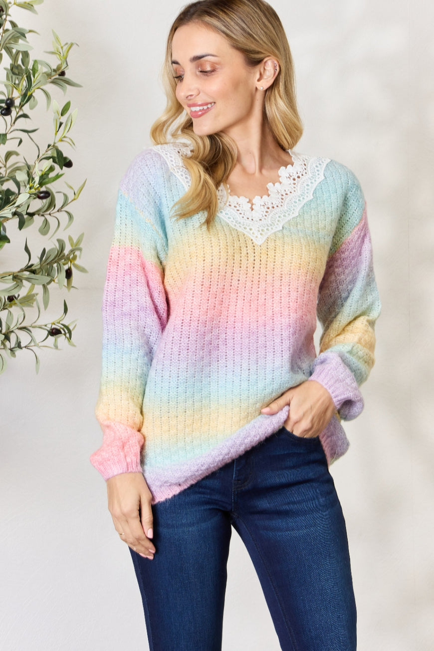 BiBi Rainbow Gradient Crochet Deetail Sweater - TopFashionHQ