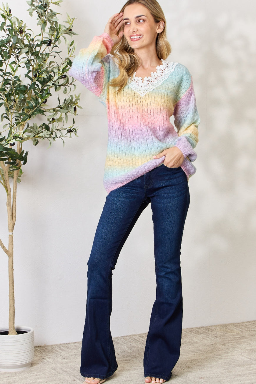 BiBi Rainbow Gradient Crochet Deetail Sweater - TopFashionHQ