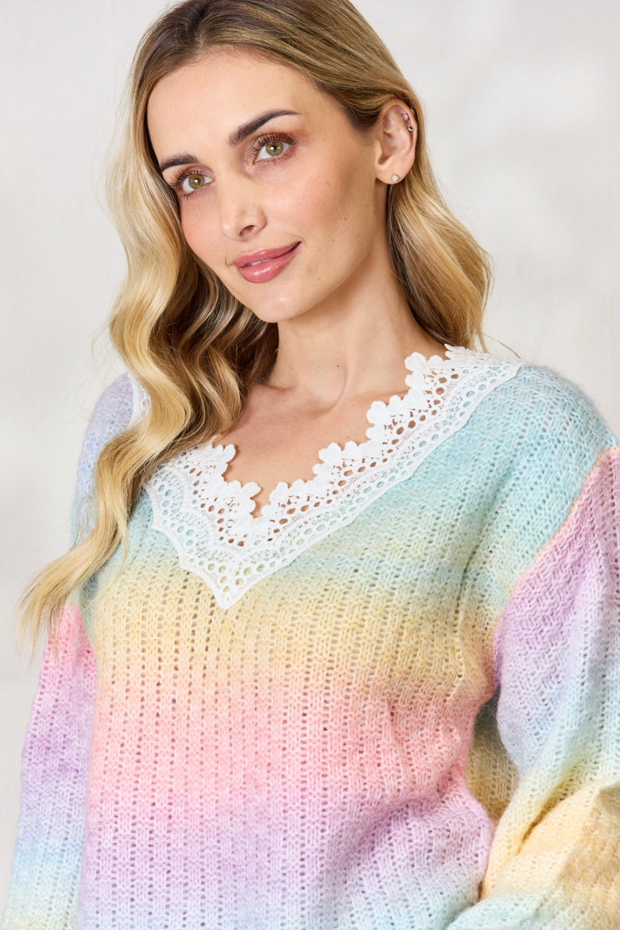 BiBi Rainbow Gradient Crochet Deetail Sweater - TopFashionHQ