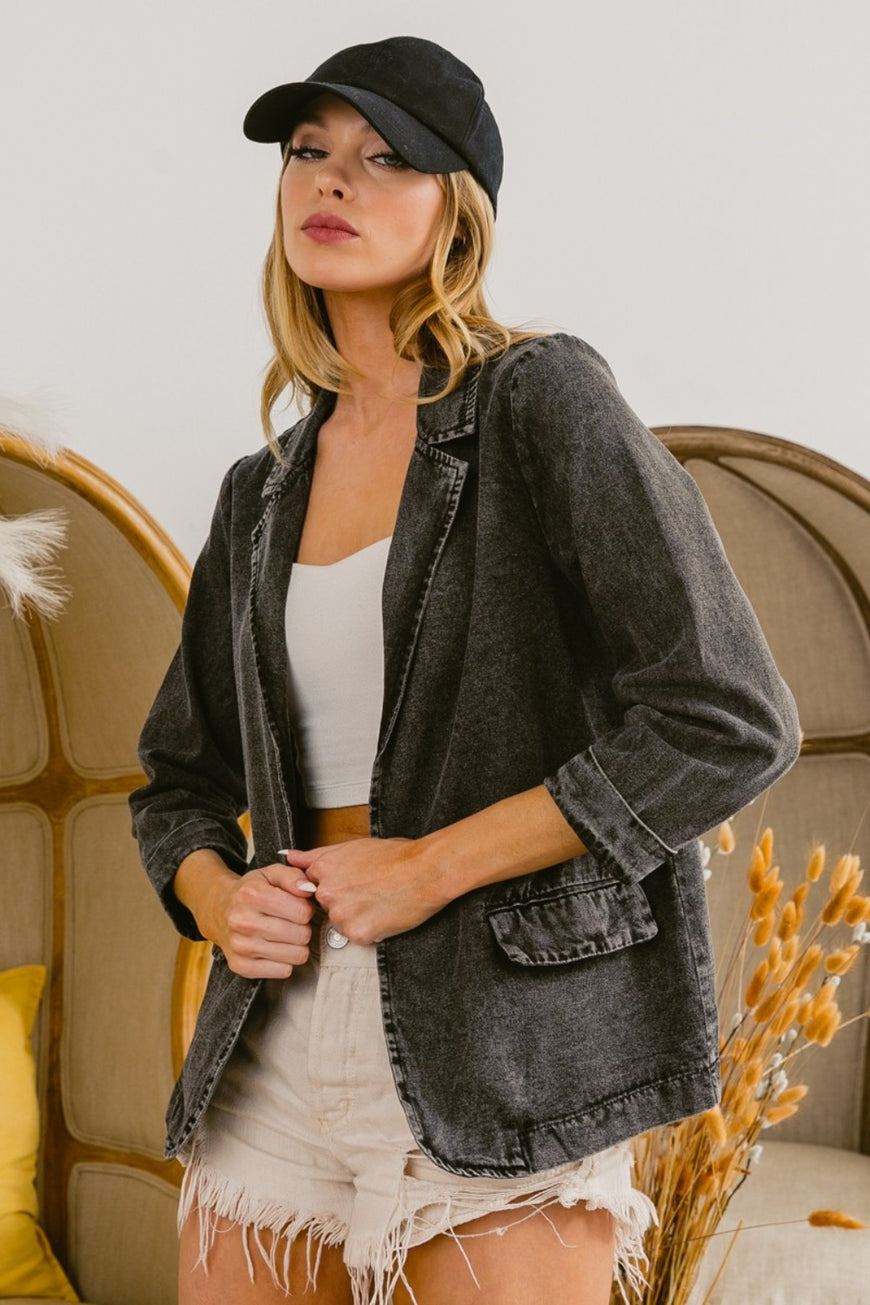BiBi Single Breasted Washed Denim Blazer - TopFashionHQ