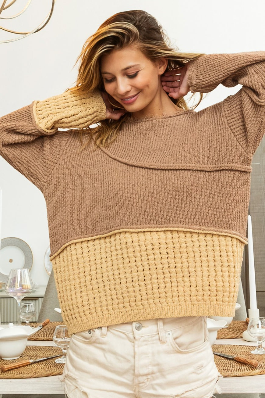 BiBi Texture Detail Contrast Drop Shoulder Sweater - TopFashionHQ