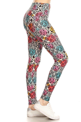 5-inch Long Yoga Style Banded Lined Damask Pattern Printed Knit Legging With High Waist