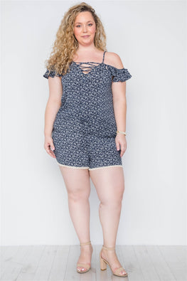 Plus Size Navy Floral Print Lace Up Romper