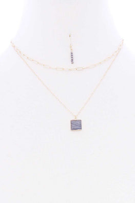 2 Layered Chain Metal Square Marbling Stone Pendant Necklace