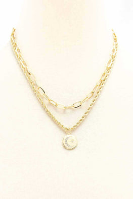 2 Layered Metal Chain Round Pendant Necklace