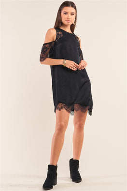 Black Cold Shoulder Lace Trim Back Button Up Mini Dress