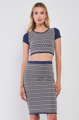 Navy & White Geometrical Pattern Short Sleeve Crop Top & High-waisted Pencil Skirt Two Piece Set