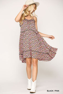 Ditsy Floral Print Sleeveless Dress With Lace Trim