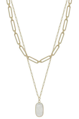 2 Layered Metal Chain Stone Pendant Necklace