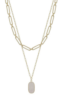 2 Layered Metal Chain Stone Pendant Necklace