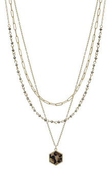 3 Layered Metal Crystal Bead Chain Hexagon Leopard Pendant Necklace