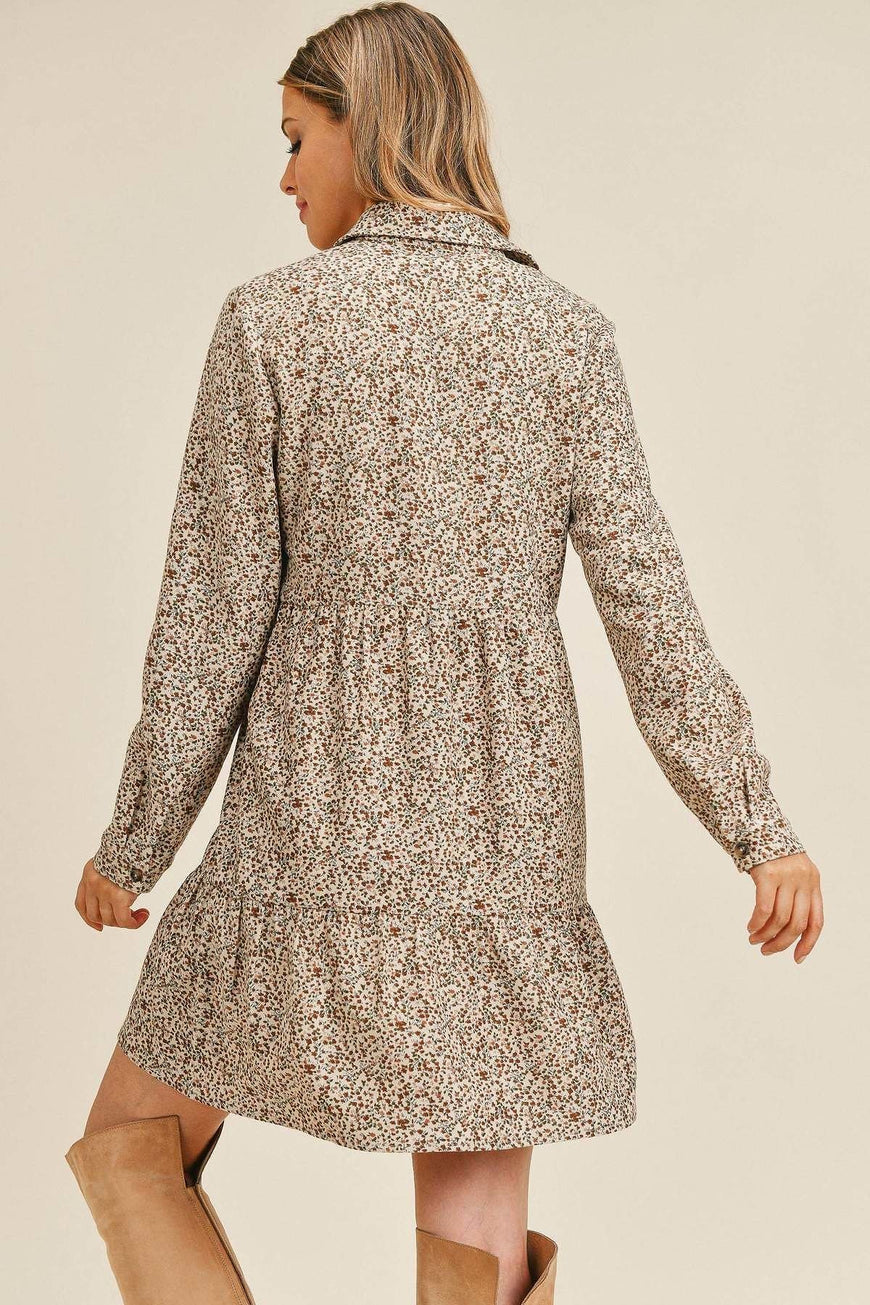 Corduroy Printed Button Down Front Collar Long Sleeve Dress - TopFashionHQ