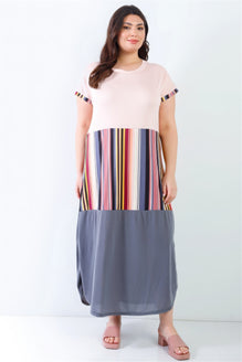 Plus Pink Print Colorblock Maxi Dress