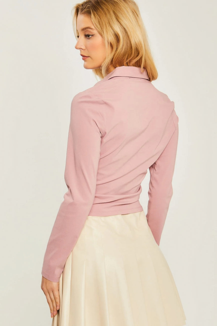 Woven Solid Ruched Front Long Sleeve