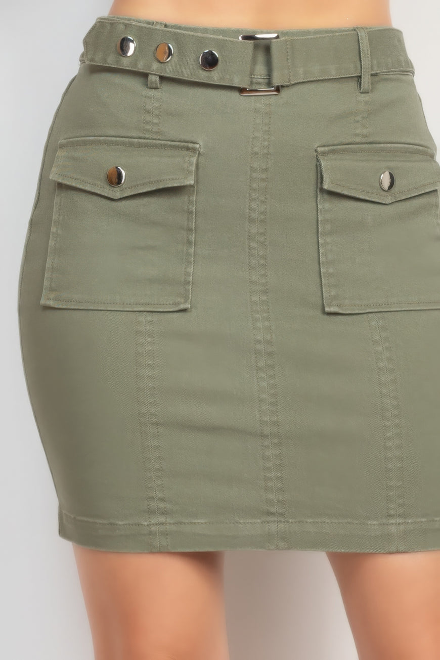 Belted Pocket Solid Mini Skirt