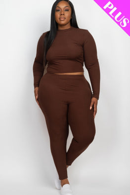 Plus Ribbed Mock Neck Long Sleeve Top & Leggings Set