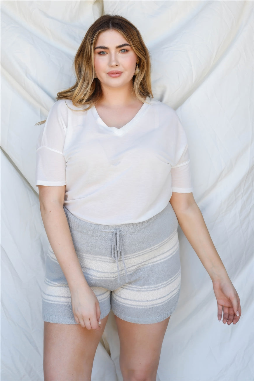 Plus Heather Grey Stripe Knit Shorts - TopFashionHQ