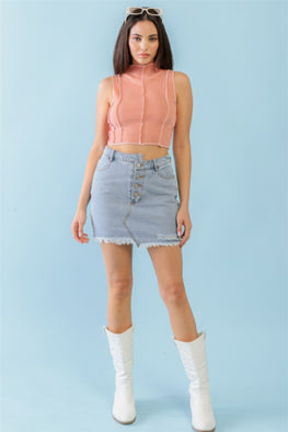 Dark Peach Ribbed Inside-out Sleeveless Mock Neck Crop Top