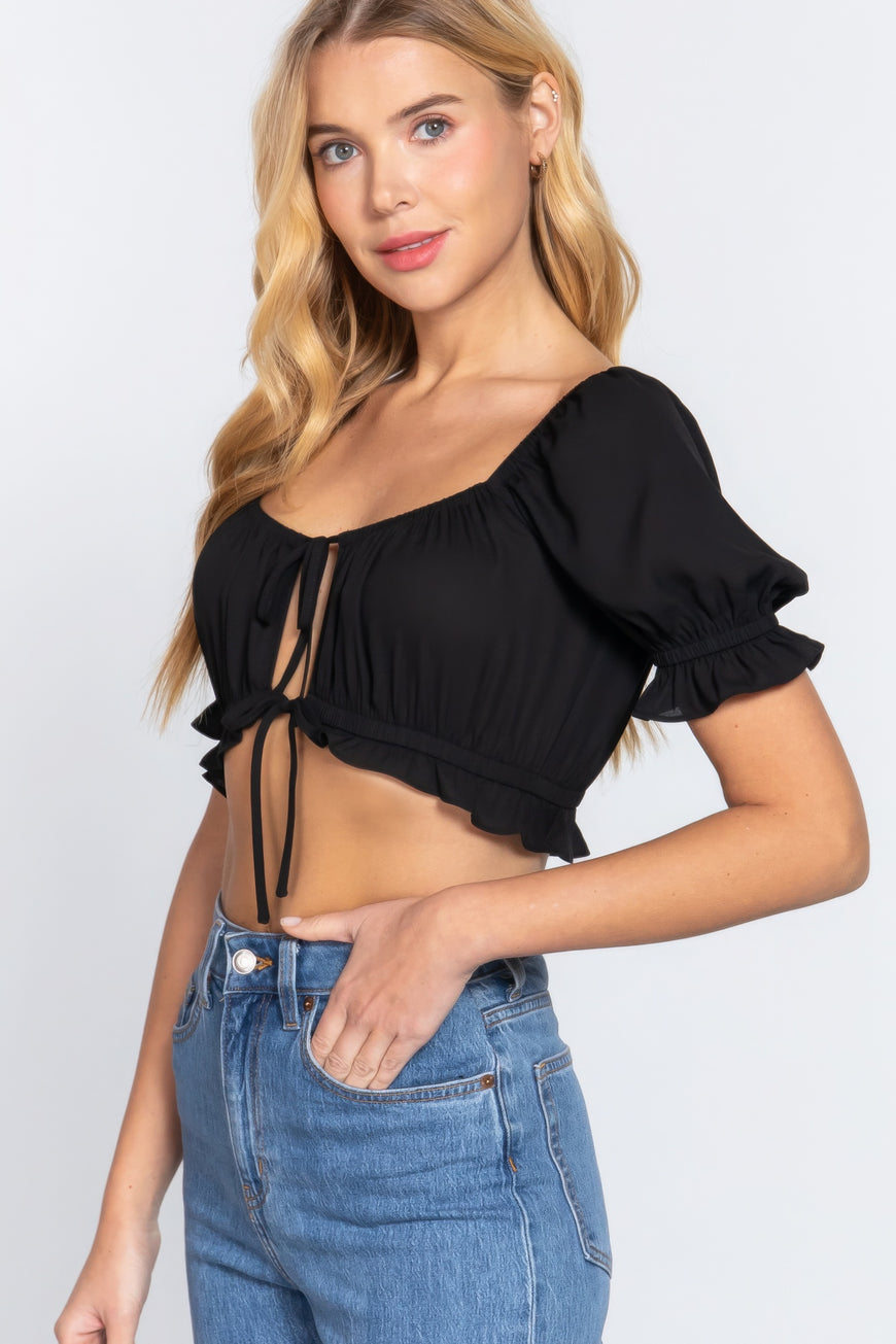 Short Slv Print Crop Woven Top