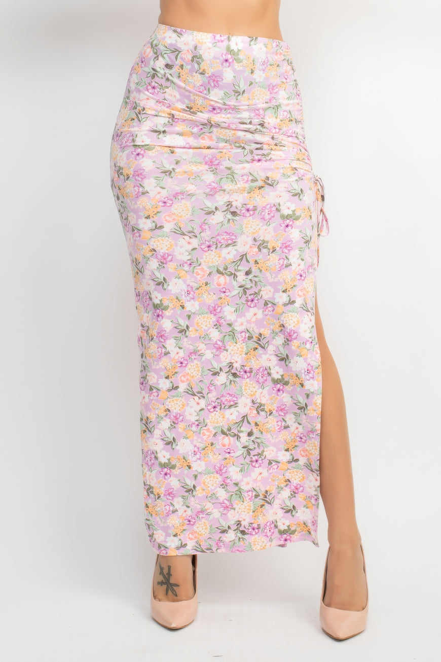 Front Knot Floral Top & Ruched Maxi Skirts Set - TopFashionHQ