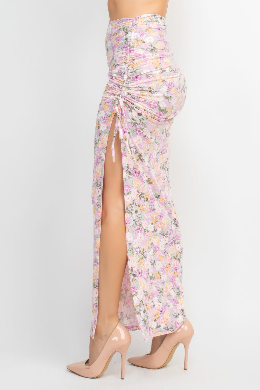 Front Knot Floral Top & Ruched Maxi Skirts Set - TopFashionHQ
