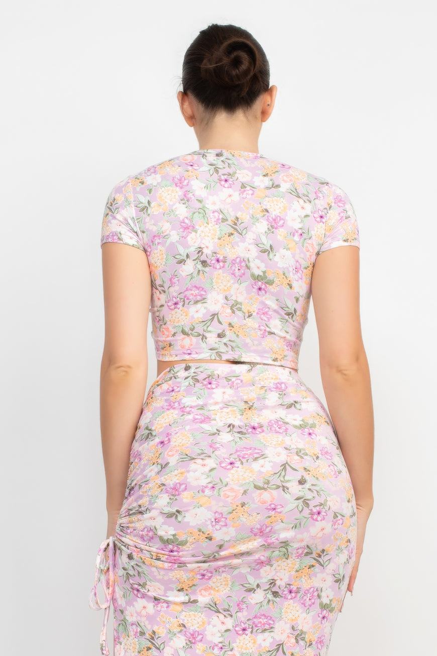 Front Knot Floral Top & Ruched Maxi Skirts Set - TopFashionHQ