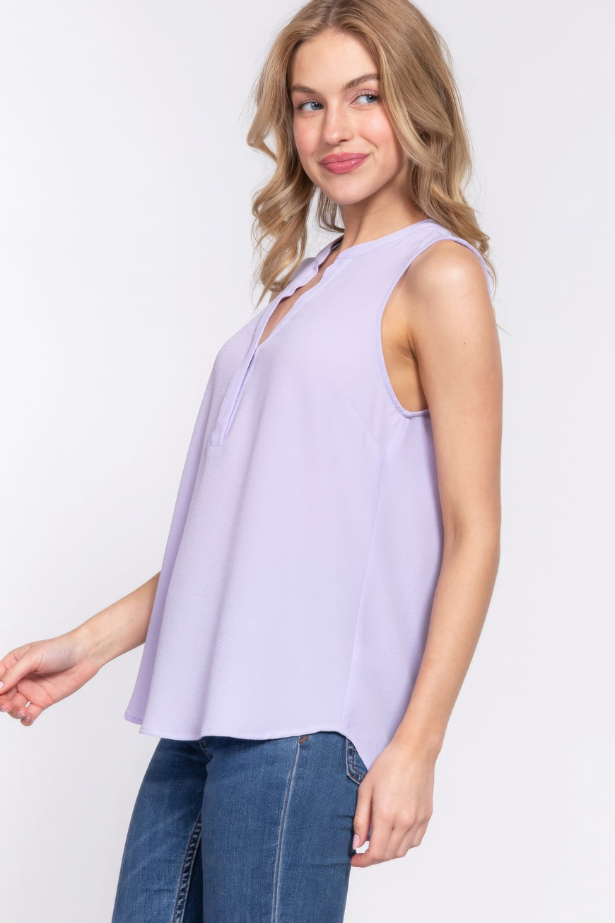 Sleeveless Henley Neck Woven Top