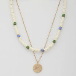 Coin Wood Bead Layered Necklace