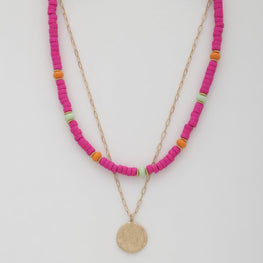 Coin Wood Bead Layered Necklace