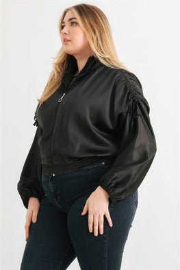 Plus Satin Zip-up Ruched Long Sleeve Cropped Bomber Jacket