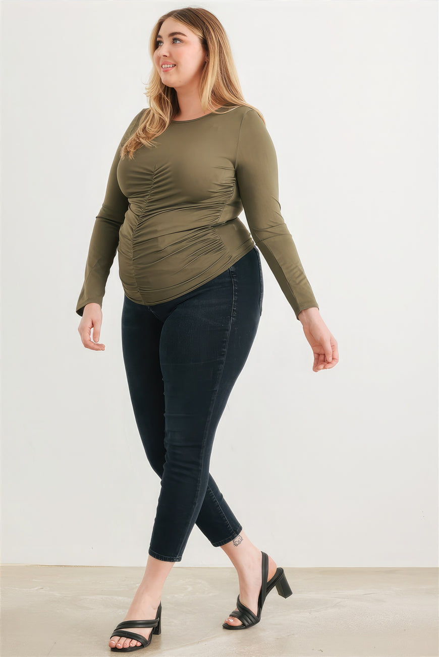 Plus Olive Ruched Long Sleeve Top - TopFashionHQ
