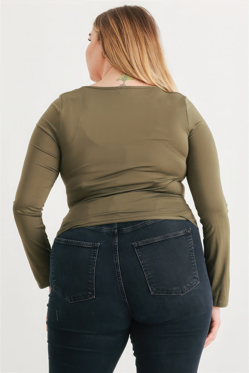 Plus Olive Ruched Long Sleeve Top - TopFashionHQ