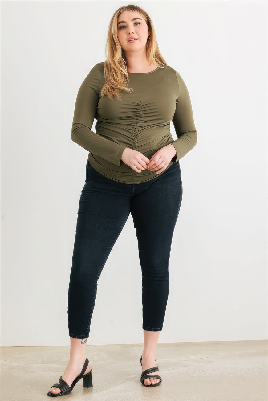Plus Olive Ruched Long Sleeve Top - TopFashionHQ