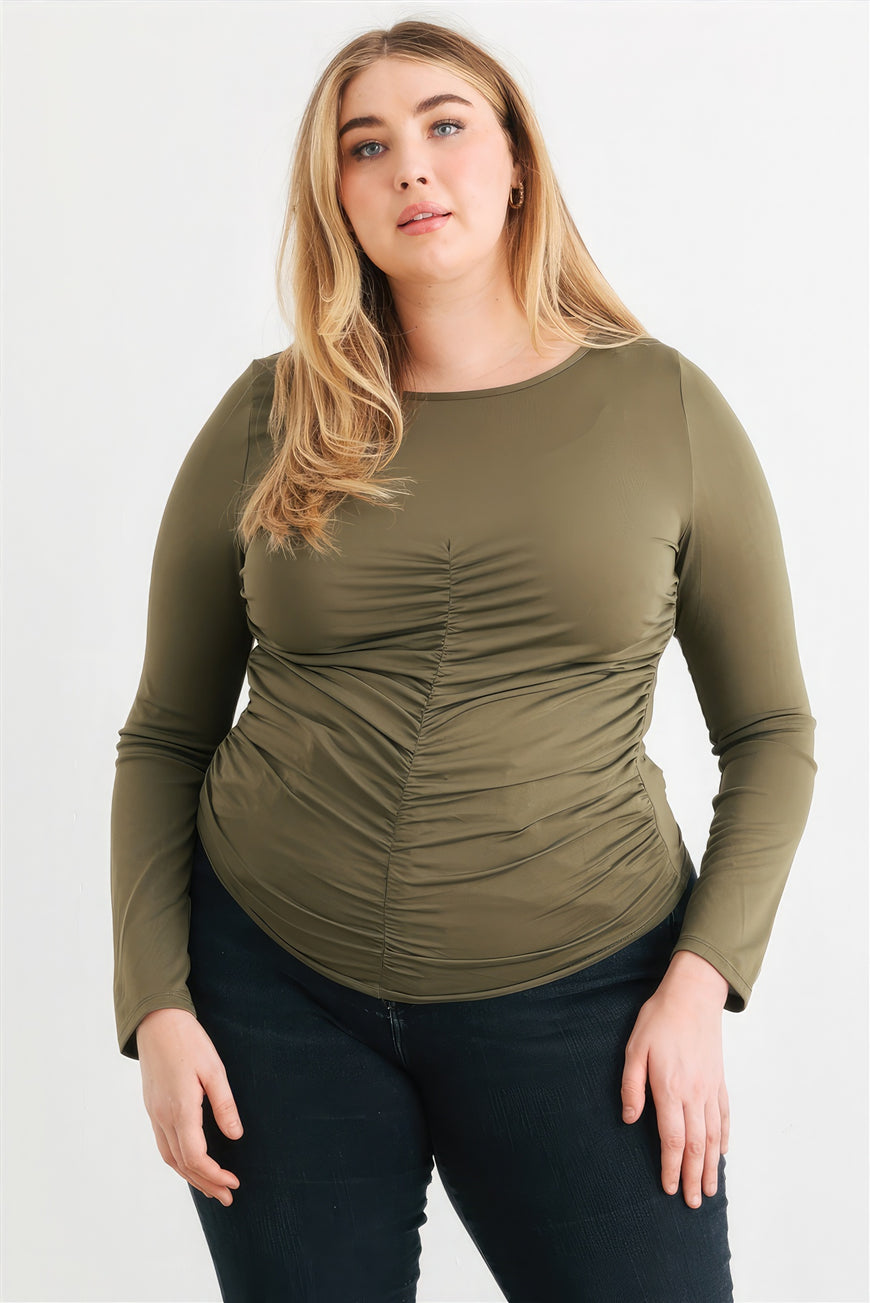 Plus Olive Ruched Long Sleeve Top - TopFashionHQ