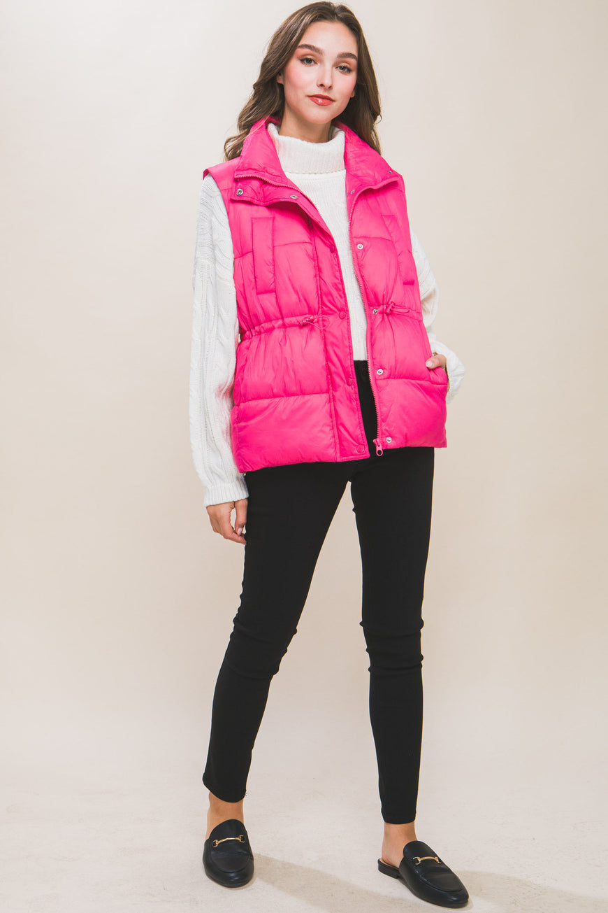 Zip Up Button Puffer Vest With Waist Toggles