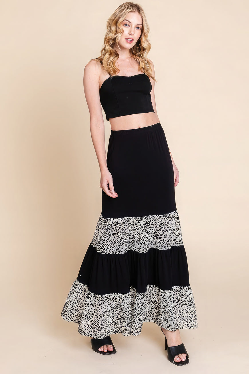 Long Tiered Contrast Fashion Skirt With Velvet Animal Print Mesh